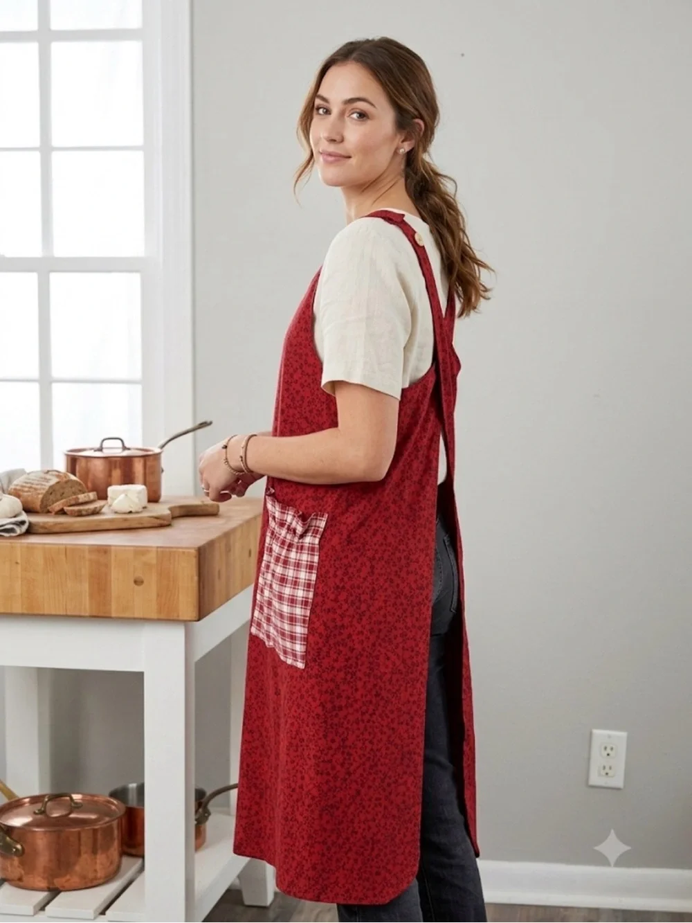 April Cornell Red Floral Crossback Apron with Plaid Pocket